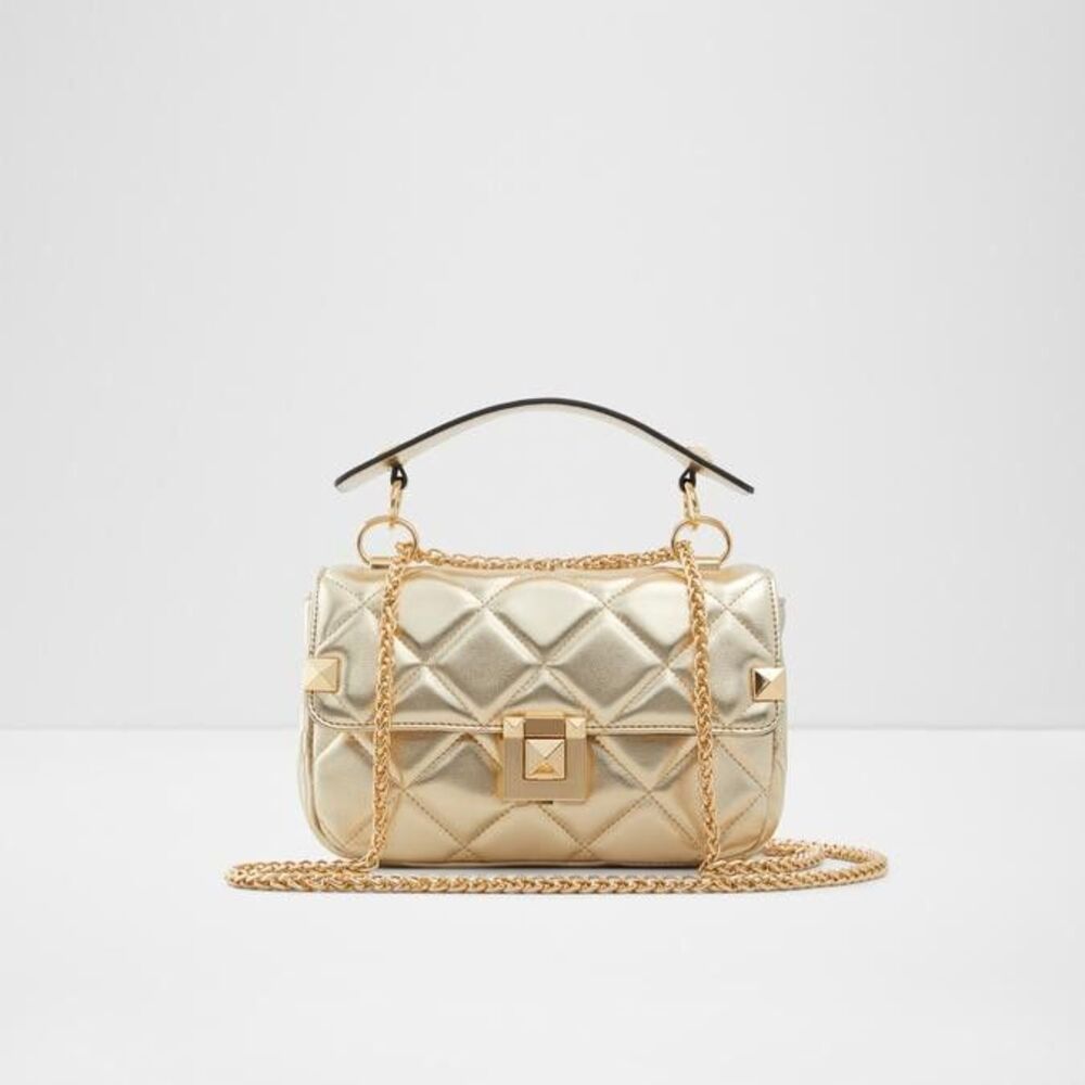 ALDO Rhireria Metallic Gold Quilted Top Handle Crossbody Bag Gold Chain Strap